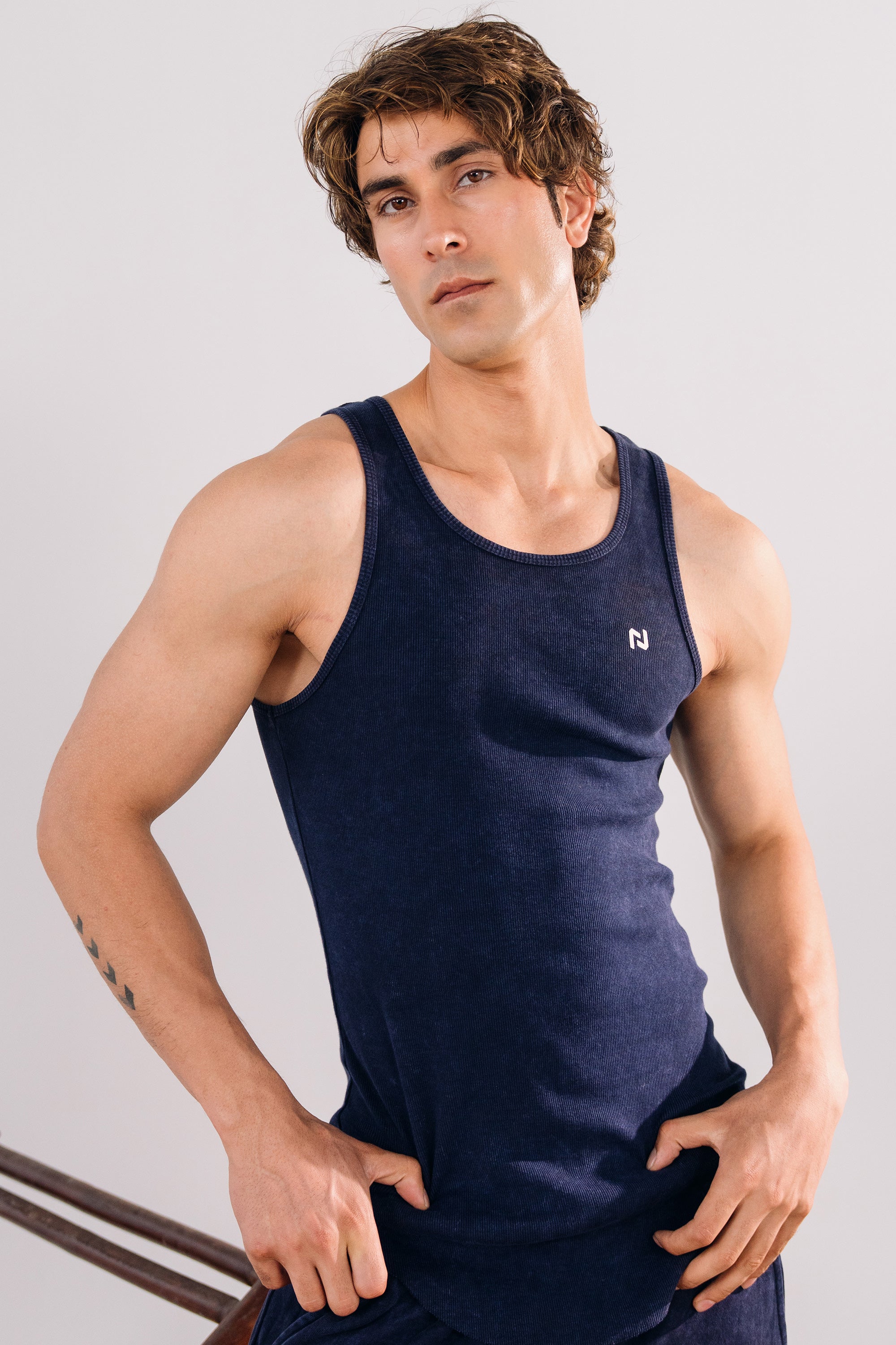 Acid Wash Scoop Bottom Rib Tank - Navy Blue