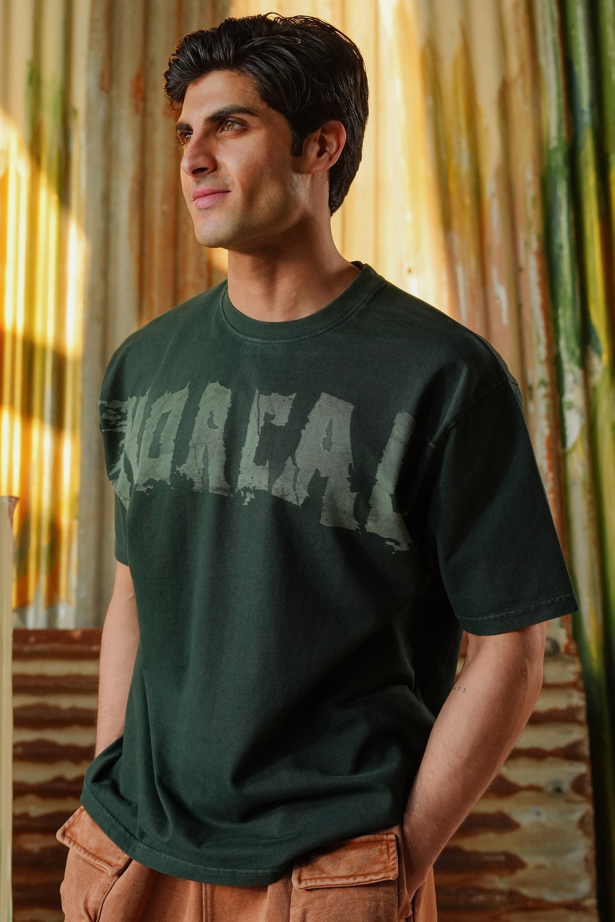 Oil Wash Laser Branded Tee - Dark Green