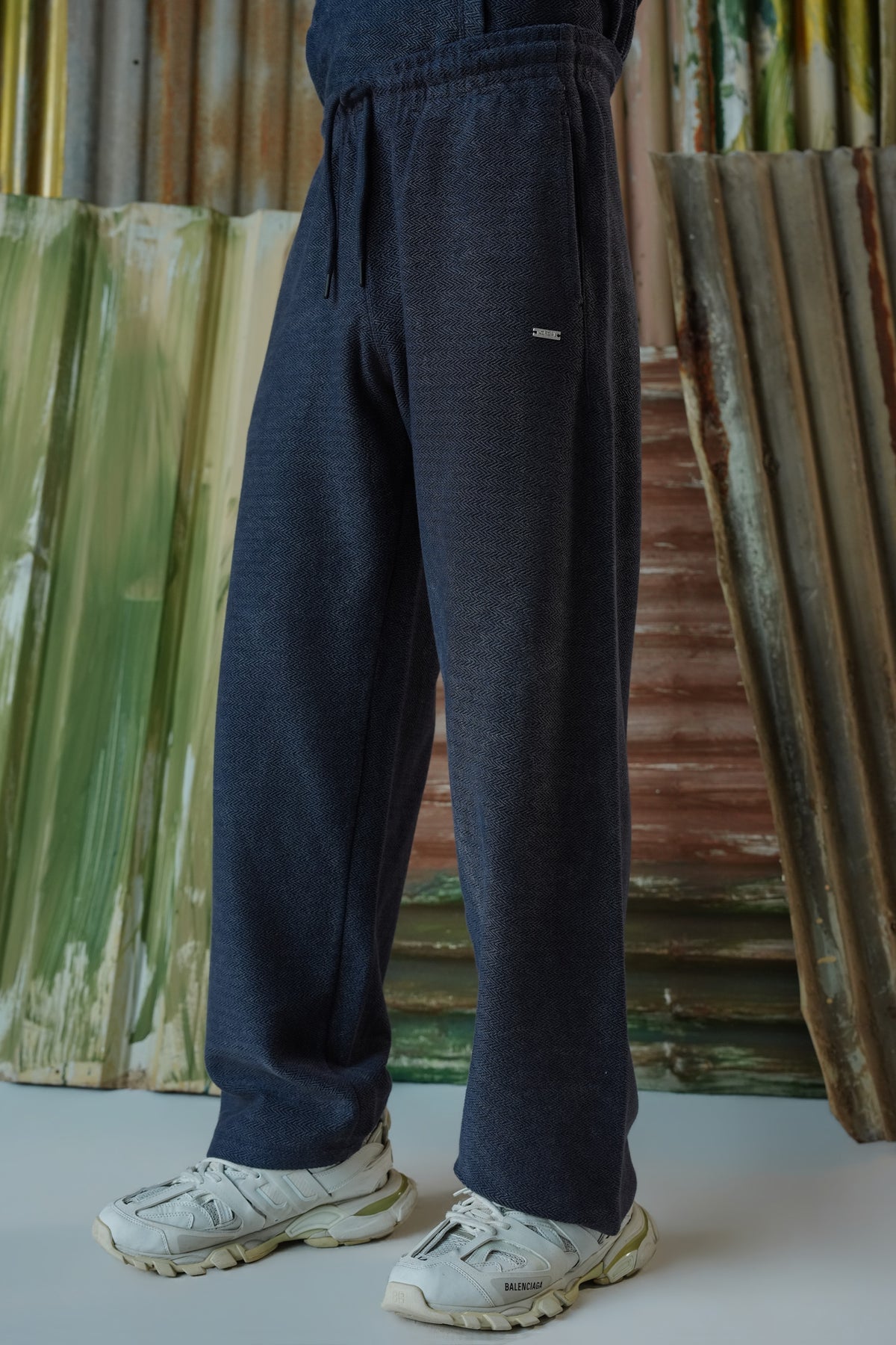 Acid Wash Herringbone Trousers - Navy Blue