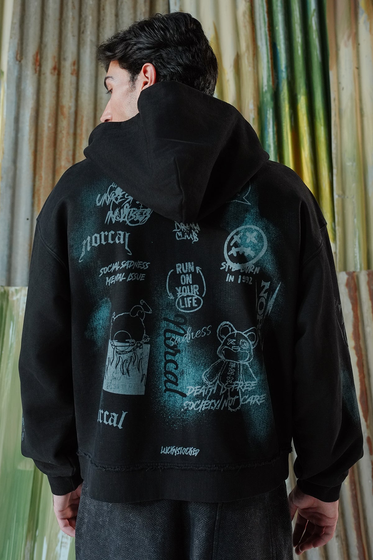 Graffti Acid Wash Zipper Hoodie - Black
