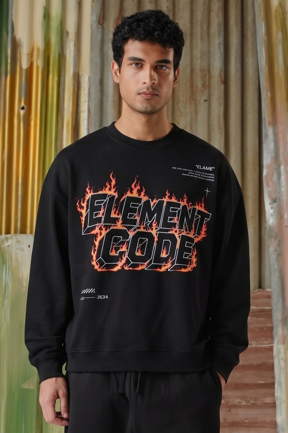 Fire Flame Fleece Sweat Shirt - Black