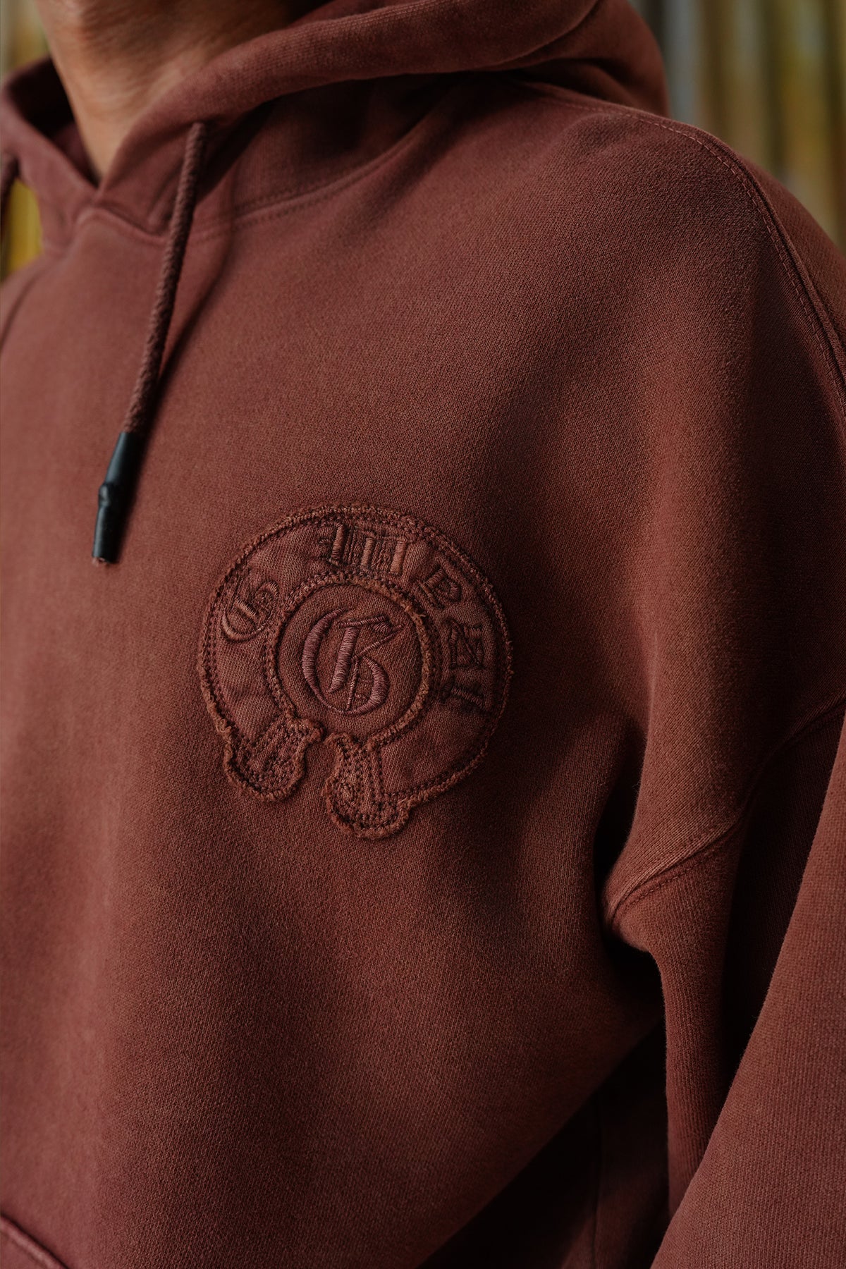 Vintage Wash Applique Embroidered Hoodie - Brown