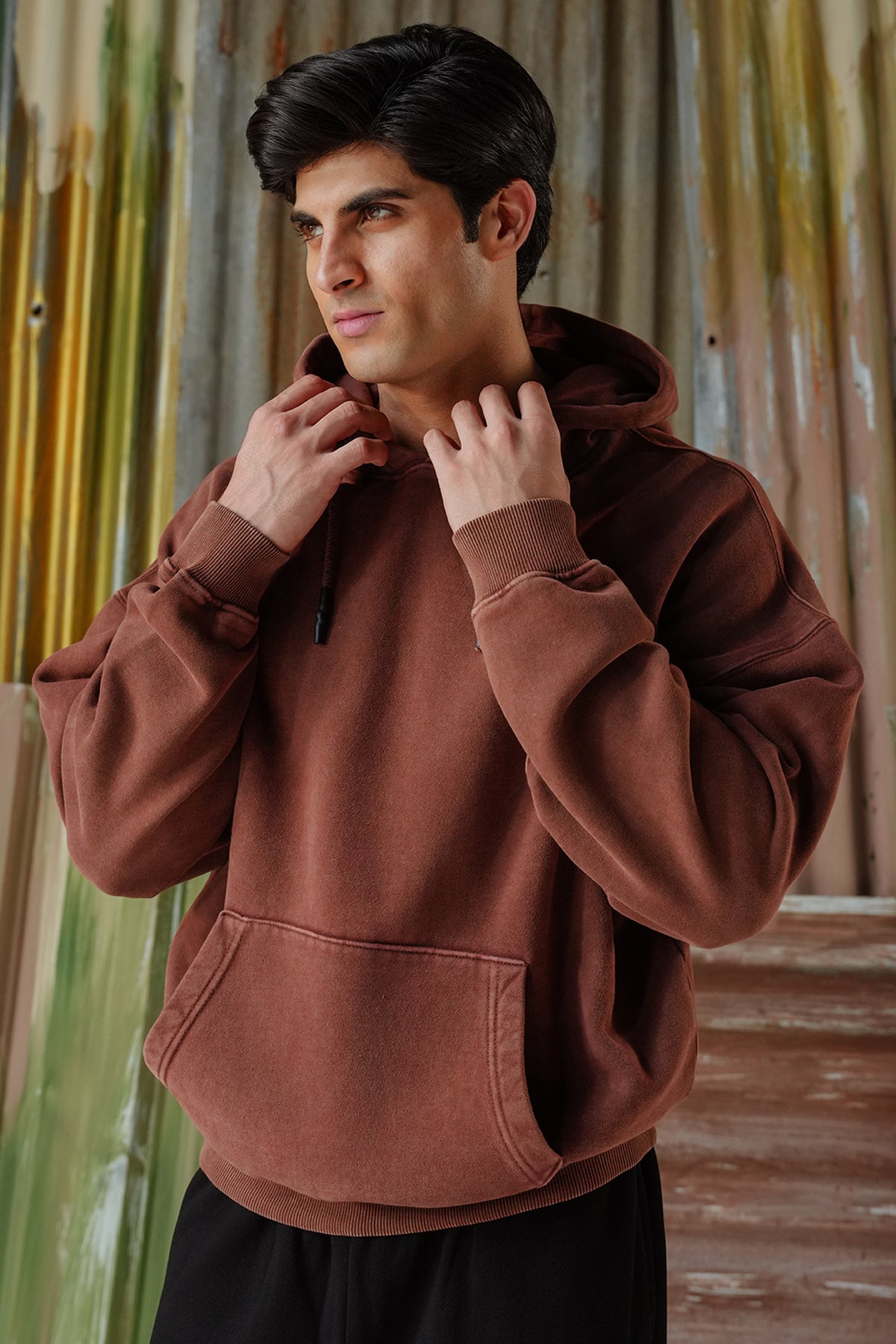 Vintage Wash Applique Embroidered Hoodie - Brown