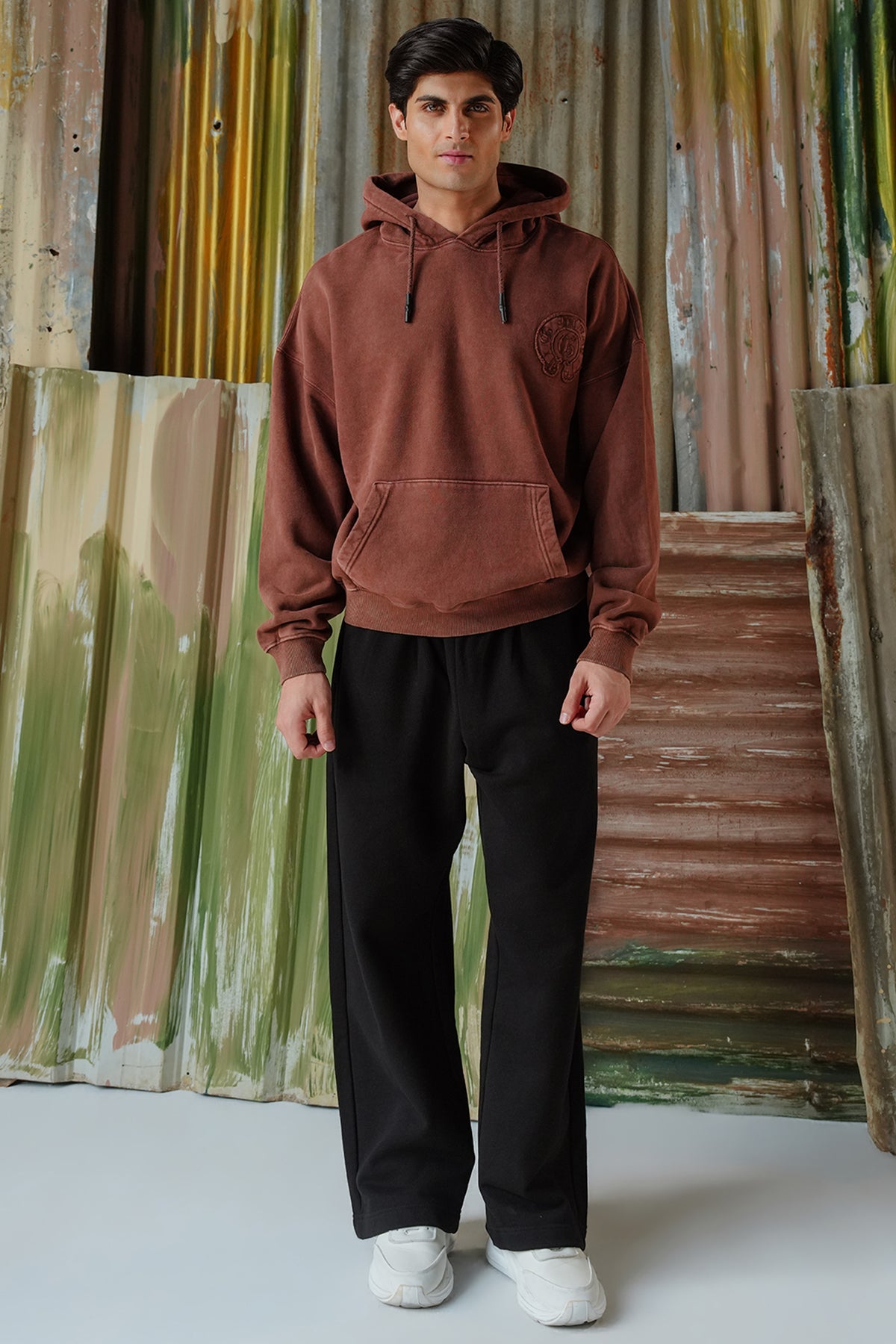 Vintage Wash Applique Embroidered Hoodie - Brown