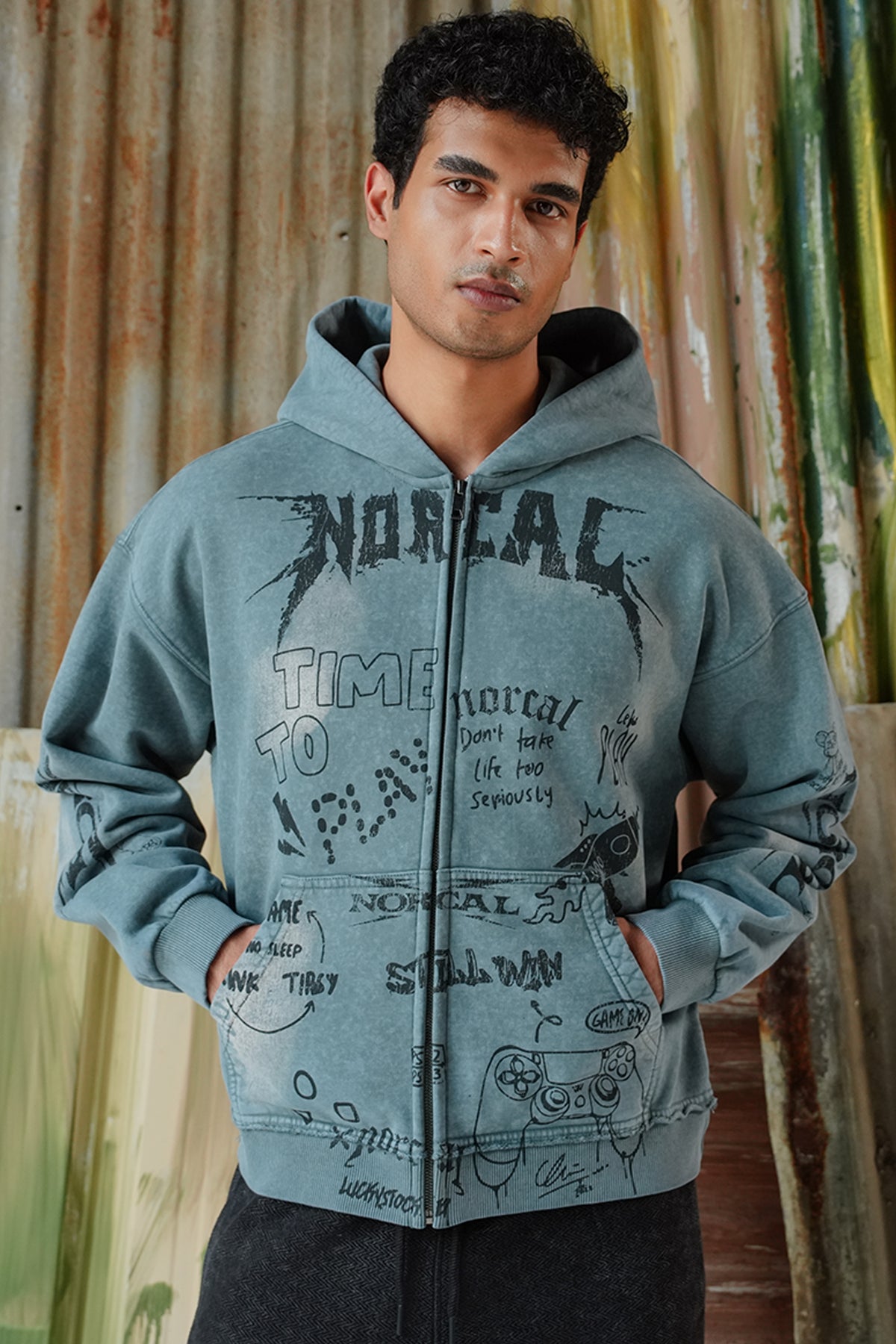 Graffti Acid Wash Zipper Hoodie - Siyan Blue
