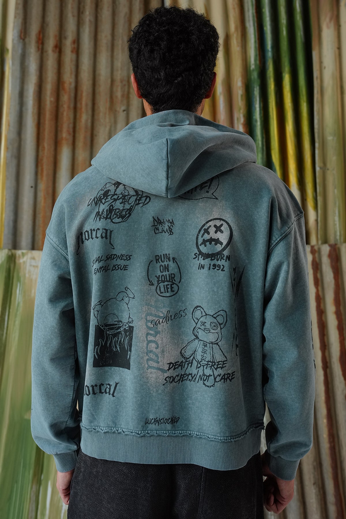 Graffti Acid Wash Zipper Hoodie - Siyan Blue