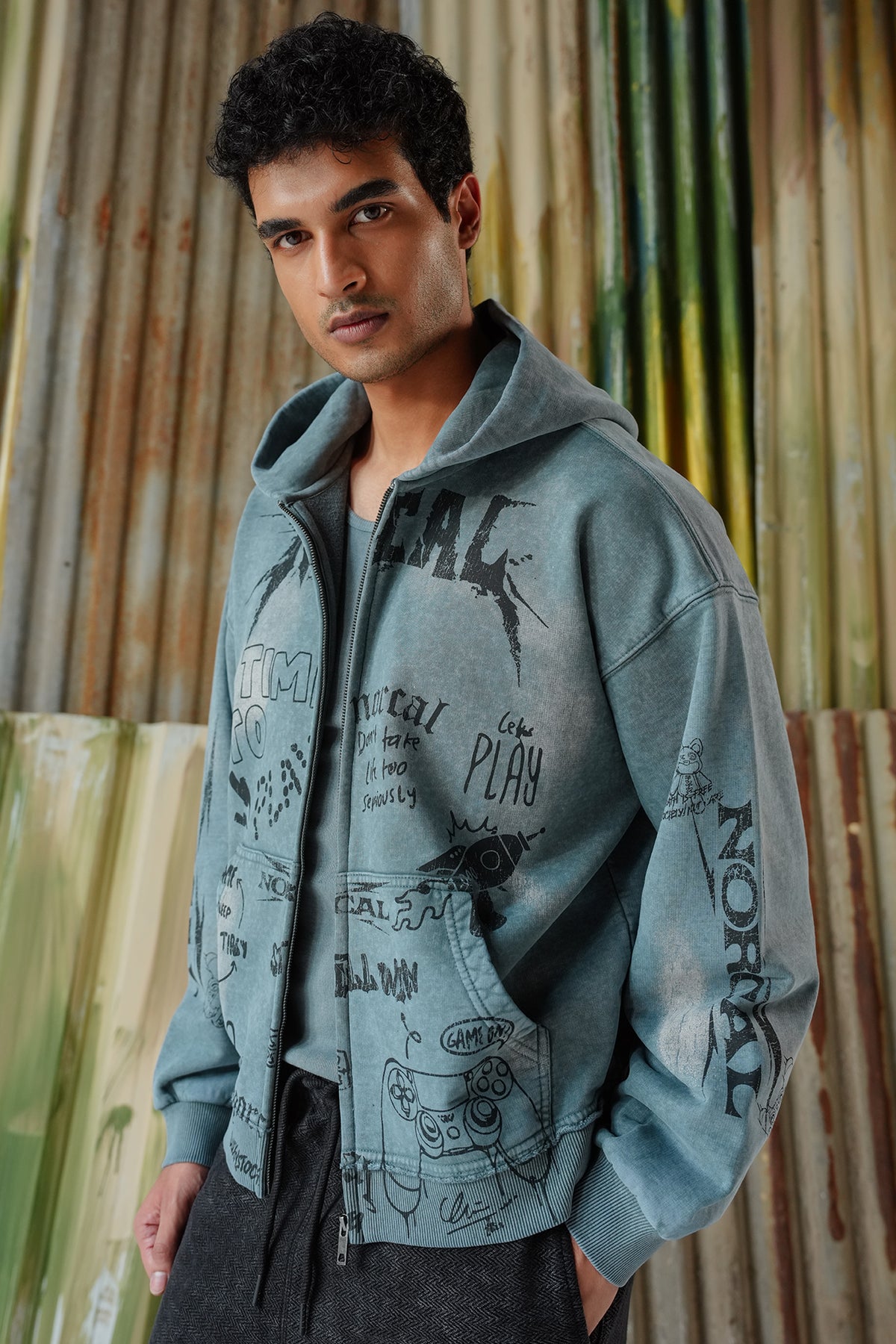 Graffti Acid Wash Zipper Hoodie - Siyan Blue