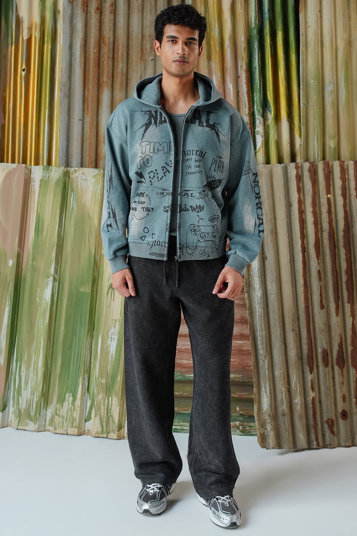 Graffti Acid Wash Zipper Hoodie - Siyan Blue