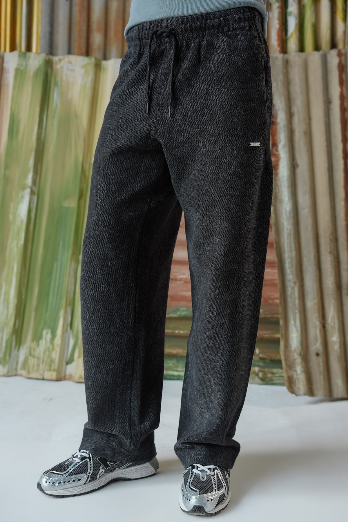 Acid Wash Herringbone Trousers - Black