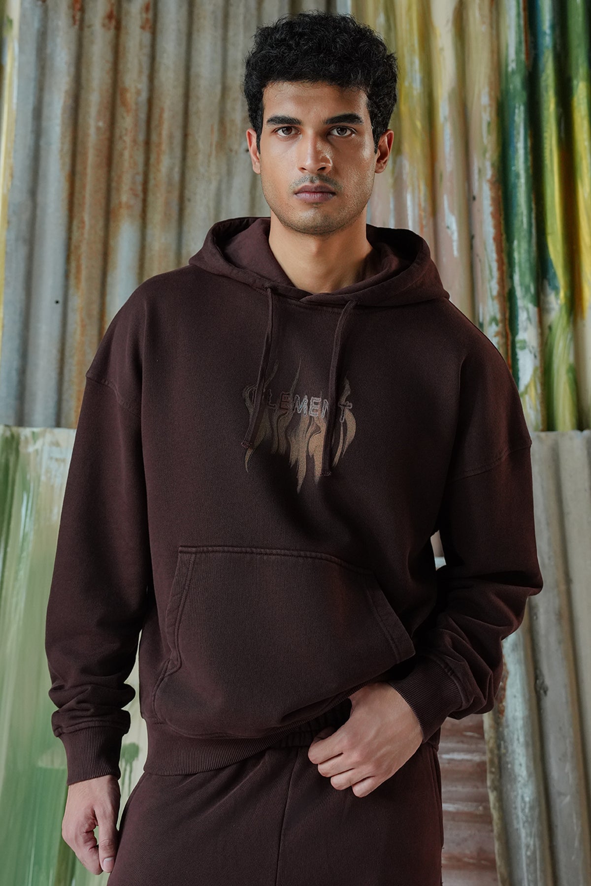 Element Flame Acid Wash Hoodie - Coffee Brown