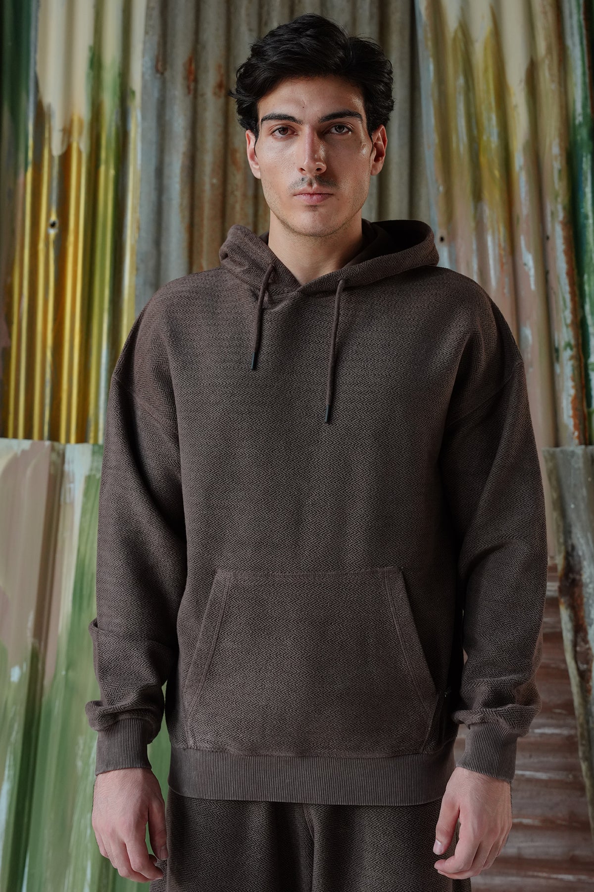 Acid Wash Herringbone Hoodie - Chocolate Brown