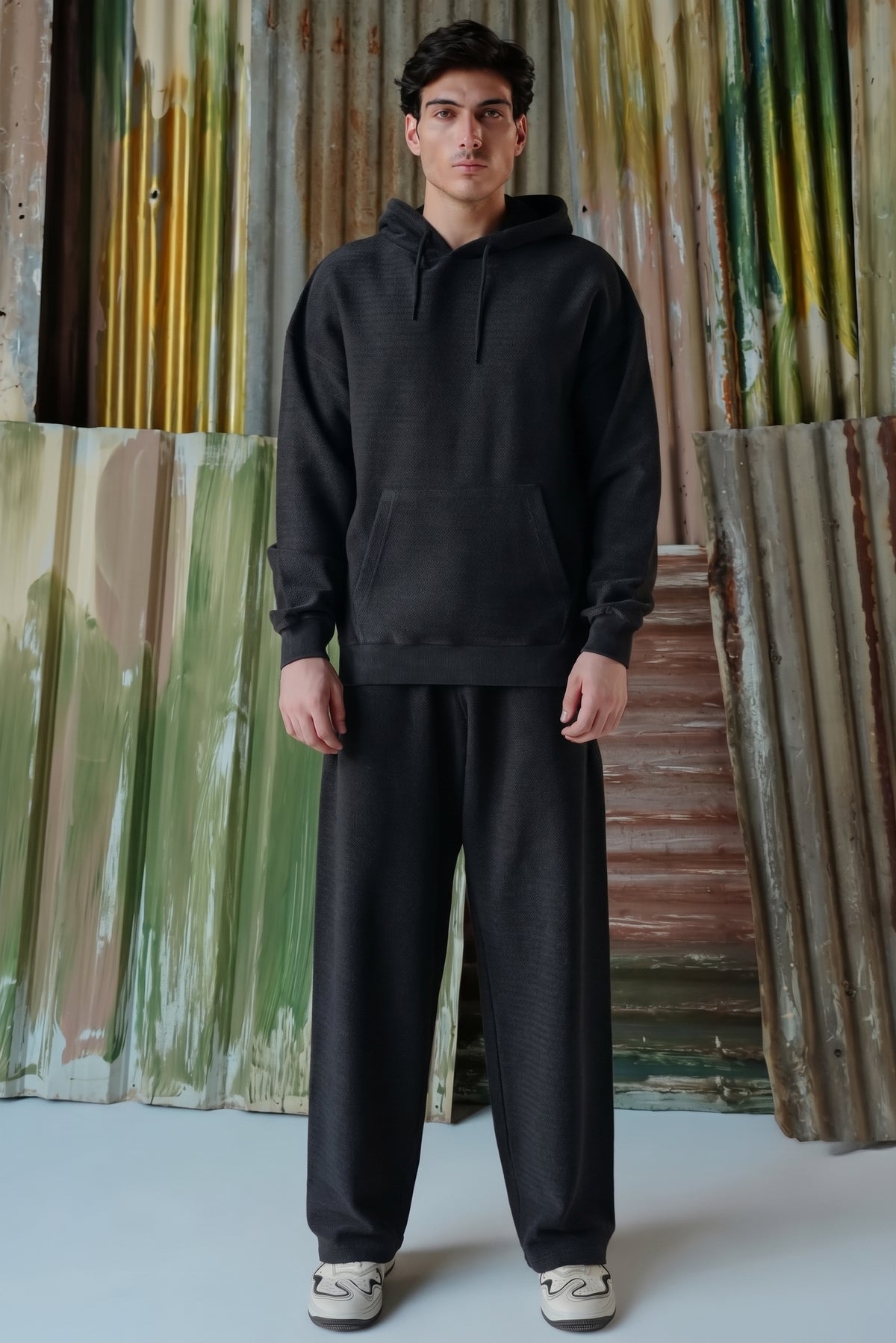 Acid Wash Herringbone Hoodie - Black