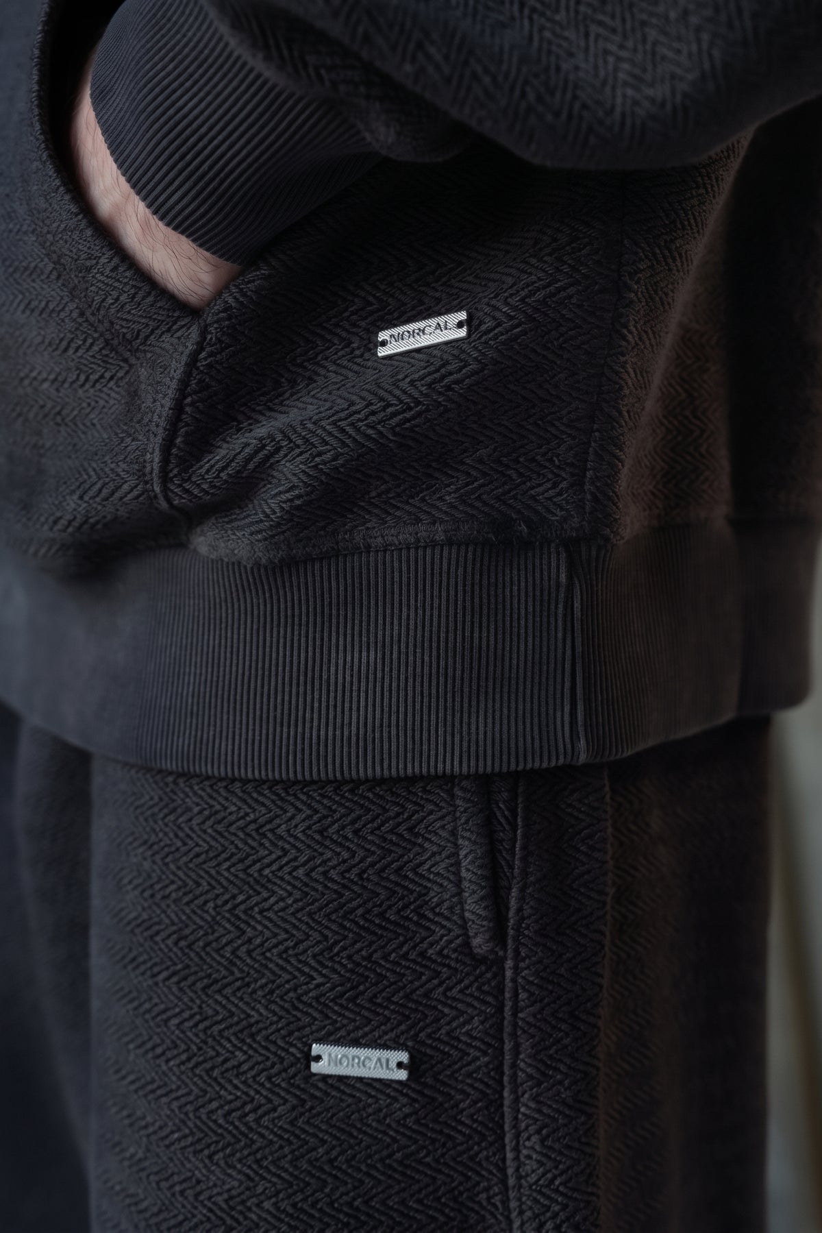 Acid Wash Herringbone Hoodie - Black