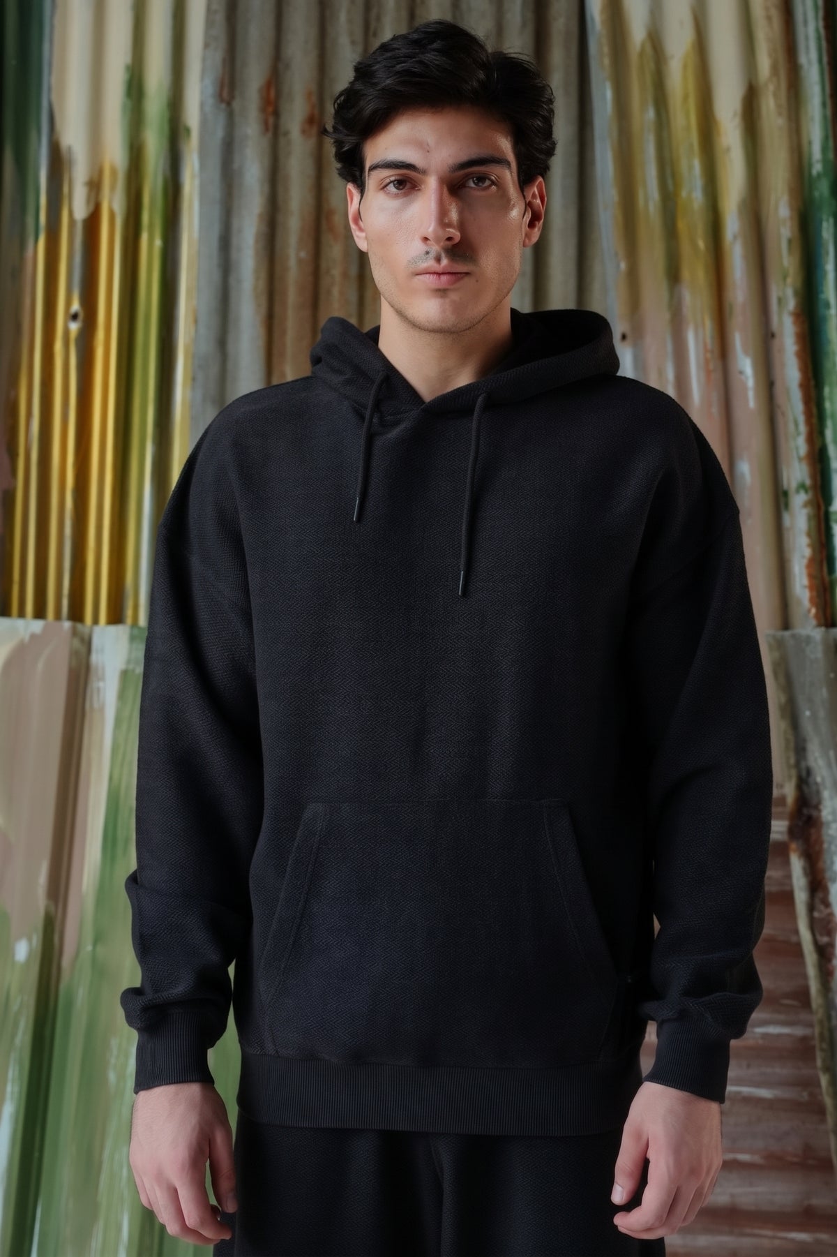 Acid Wash Herringbone Hoodie - Black