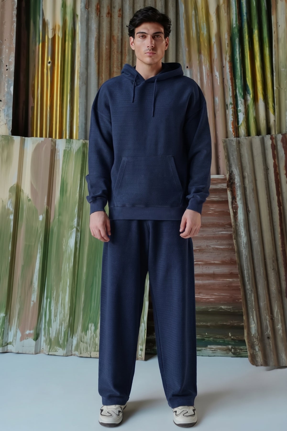 Acid Wash Herringbone Hoodie - Navy Blue