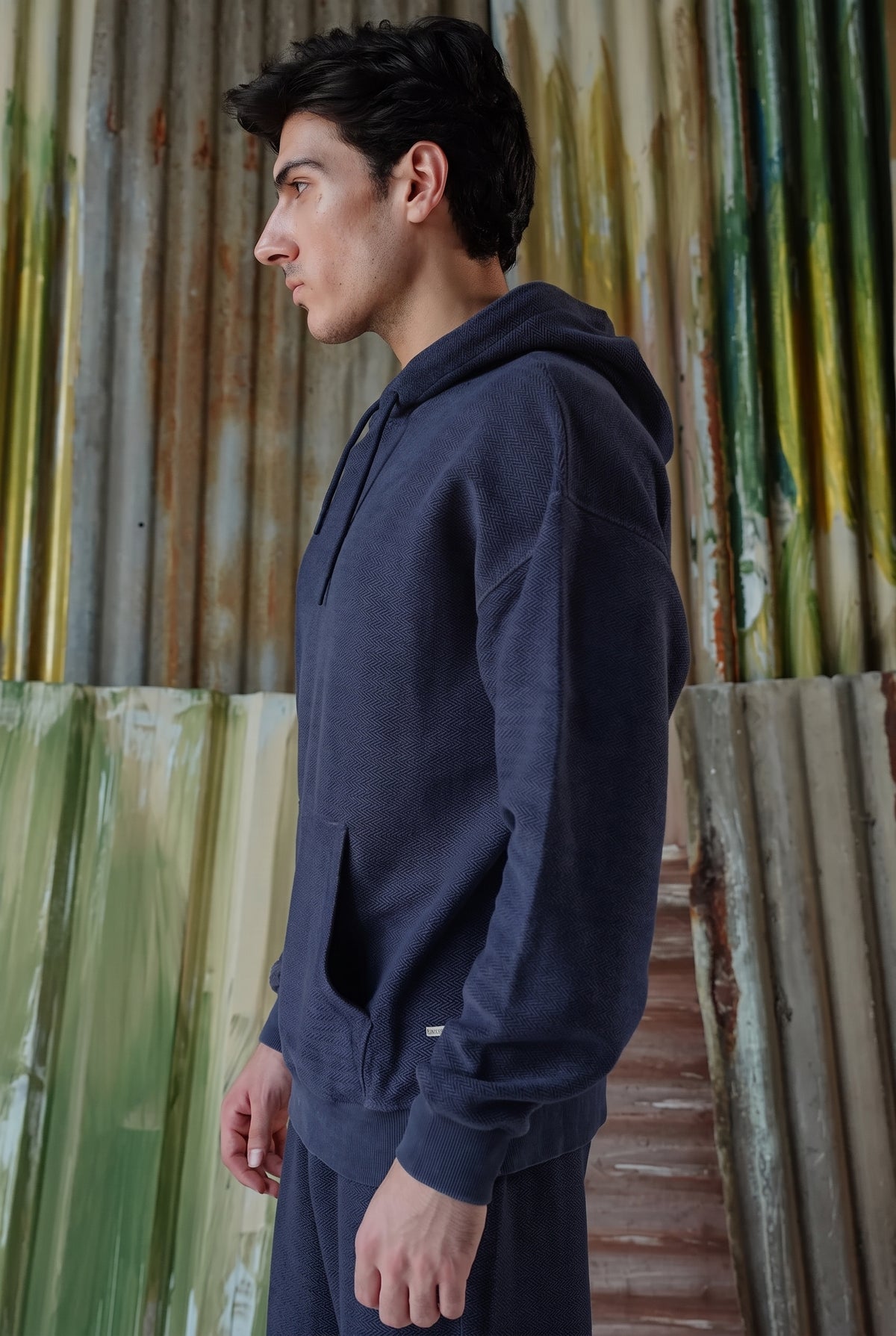 Acid Wash Herringbone Hoodie - Navy Blue