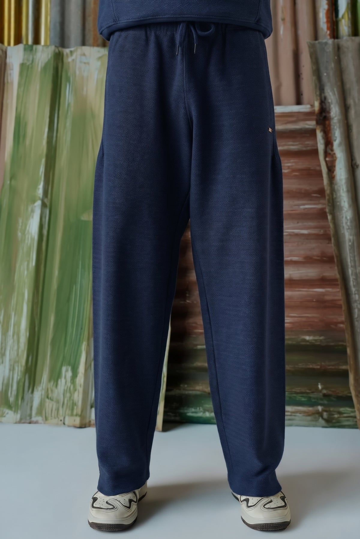 Acid Wash Herringbone Trousers - Navy Blue
