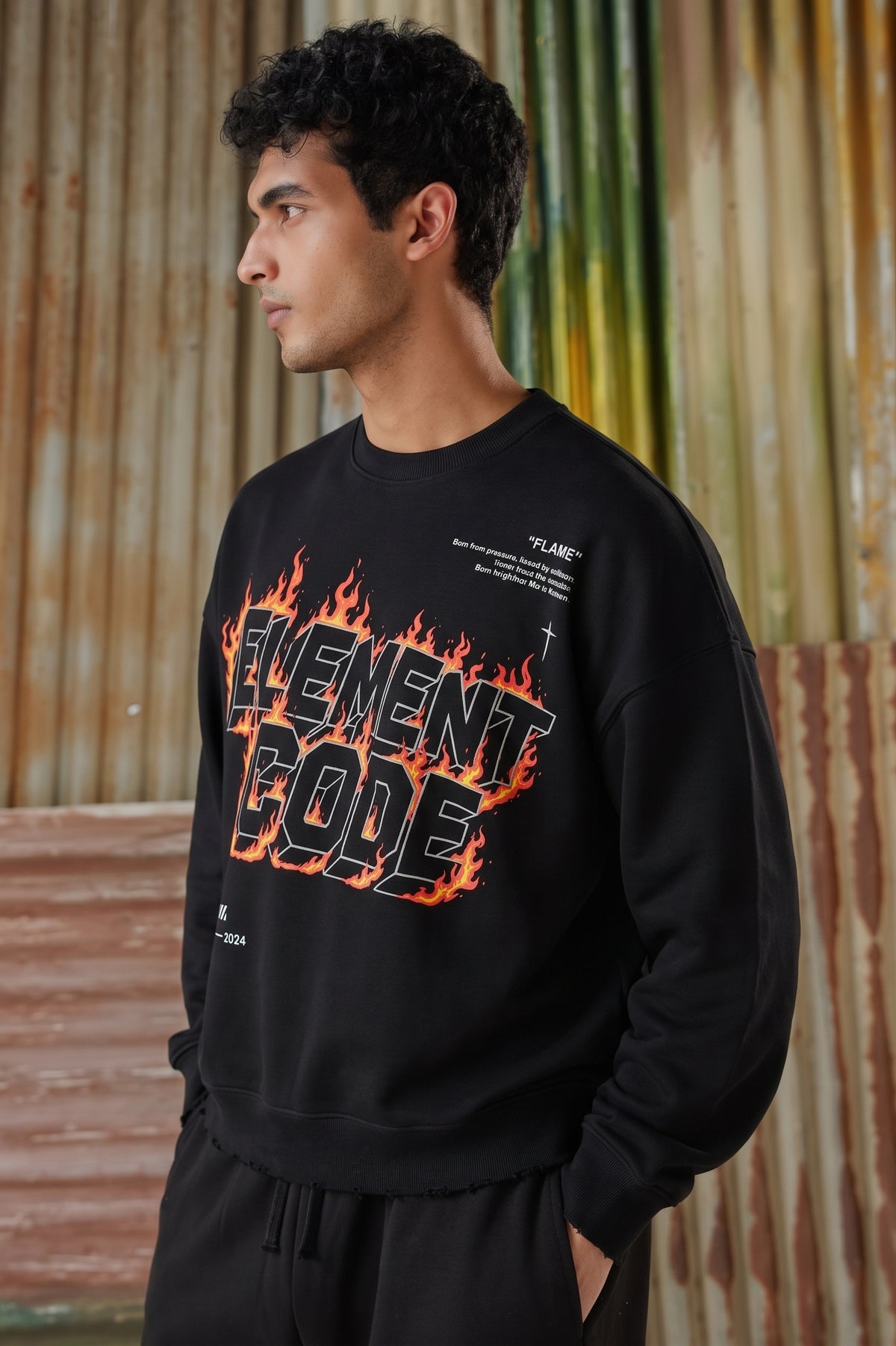 Fire Flame Fleece Sweat Shirt - Black