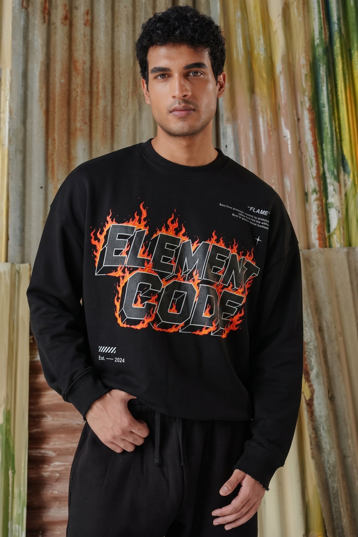 Fire Flame Fleece Sweat Shirt - Black
