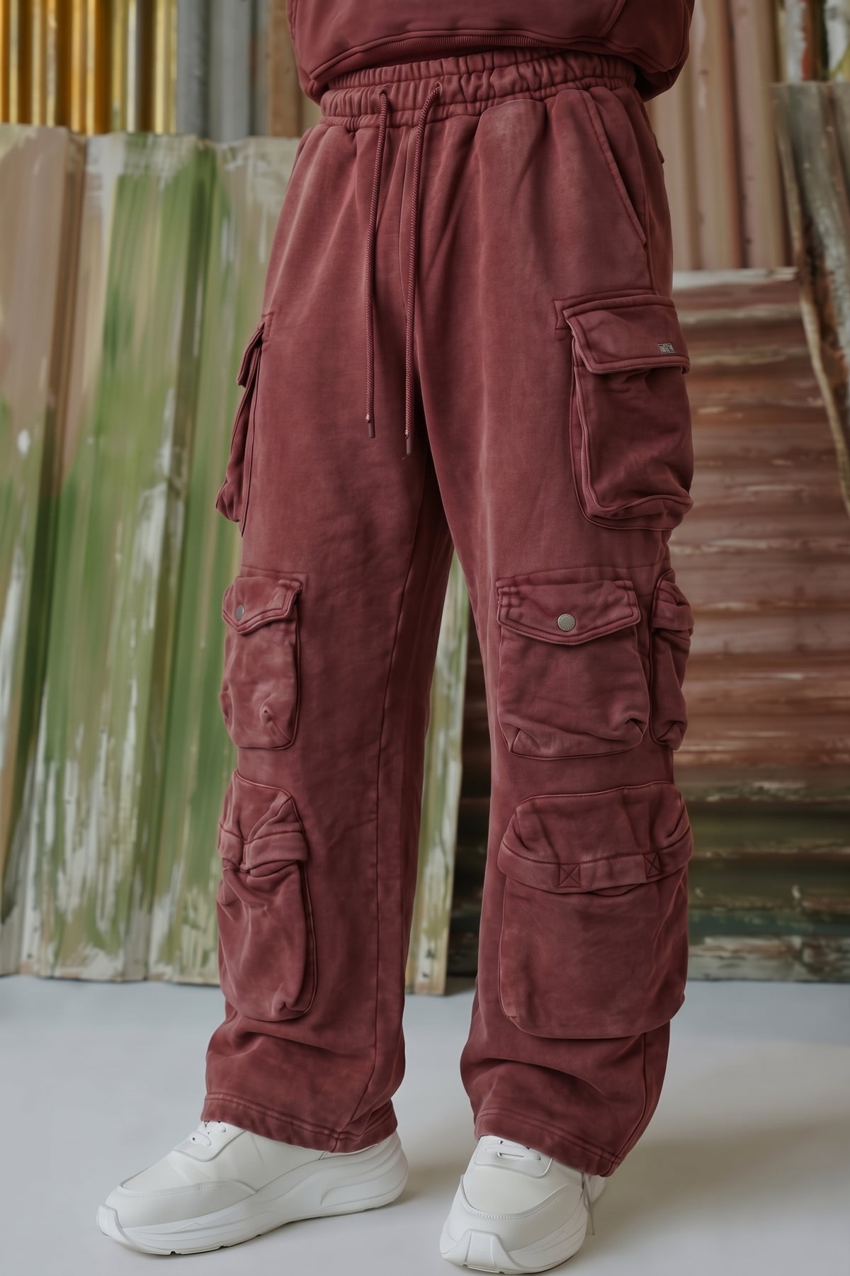 Hella Cargo Pocket Acid Wash Trousers - Burgundy