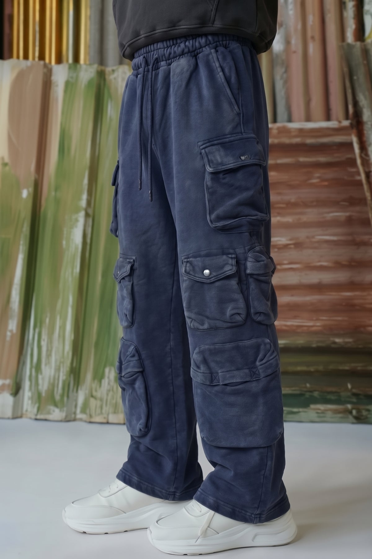 Hella Cargo Pocket Acid Wash Trousers - Navy Blue