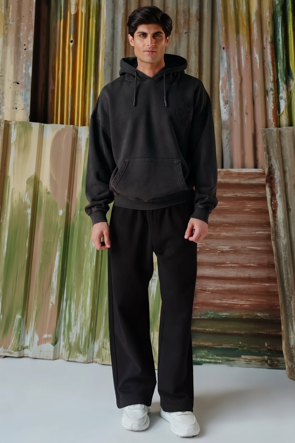 Vintage Wash Applique Embroidered Hoodie - Black