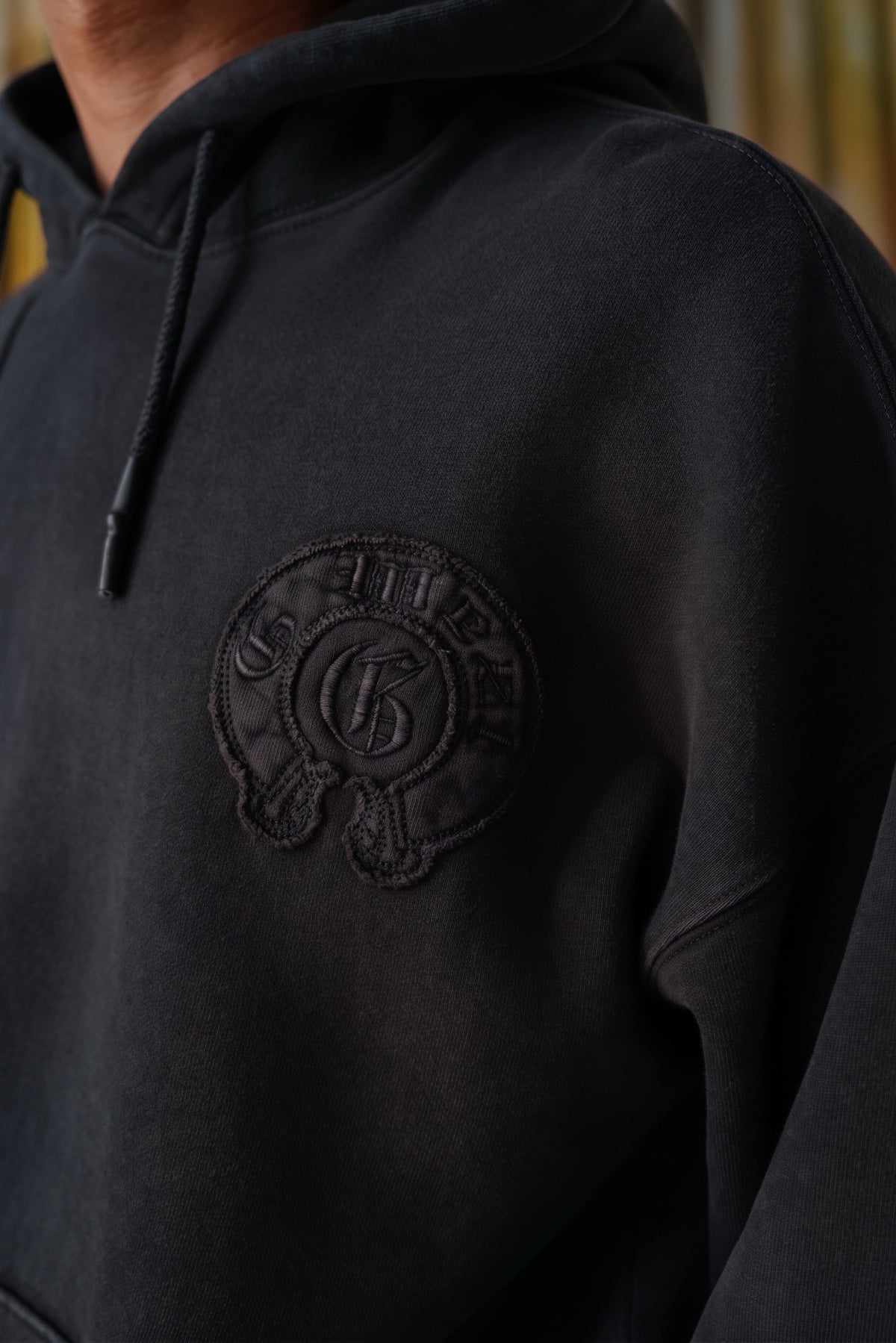 Vintage Wash Applique Embroidered Hoodie - Black