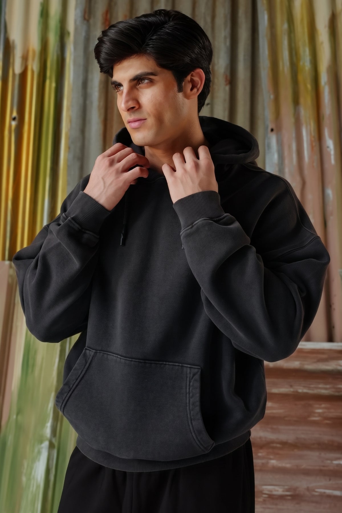 Vintage Wash Applique Embroidered Hoodie - Black