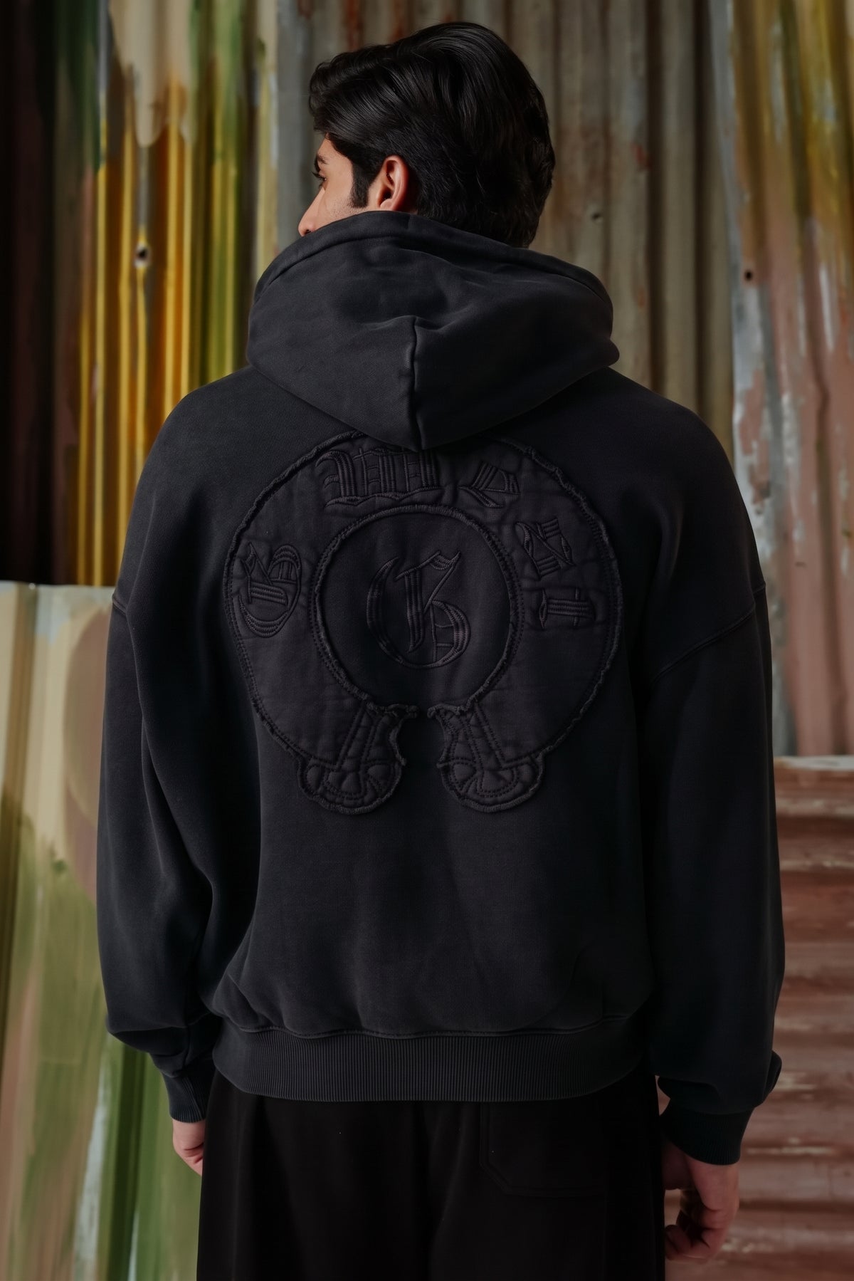 Vintage Wash Applique Embroidered Hoodie - Black