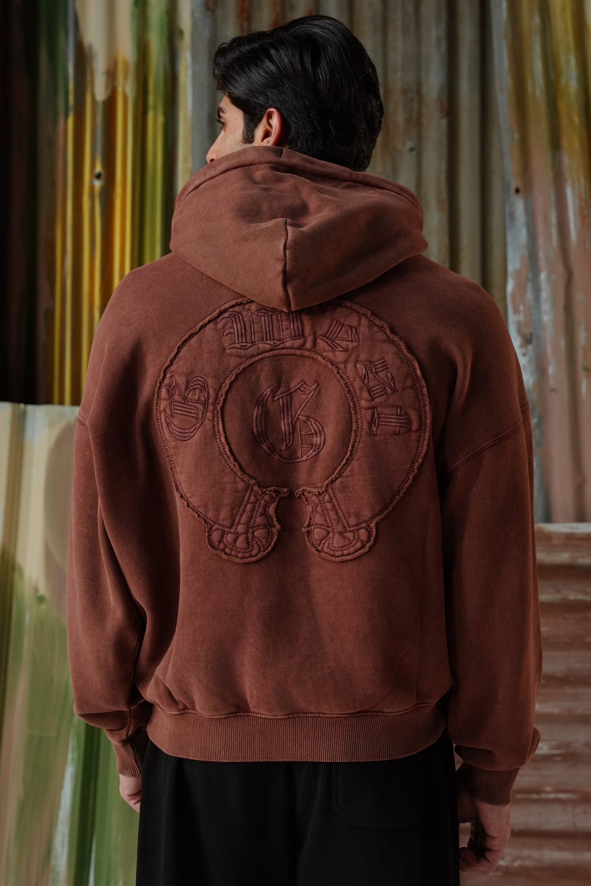 Vintage Wash Applique Embroidered Hoodie - Brown