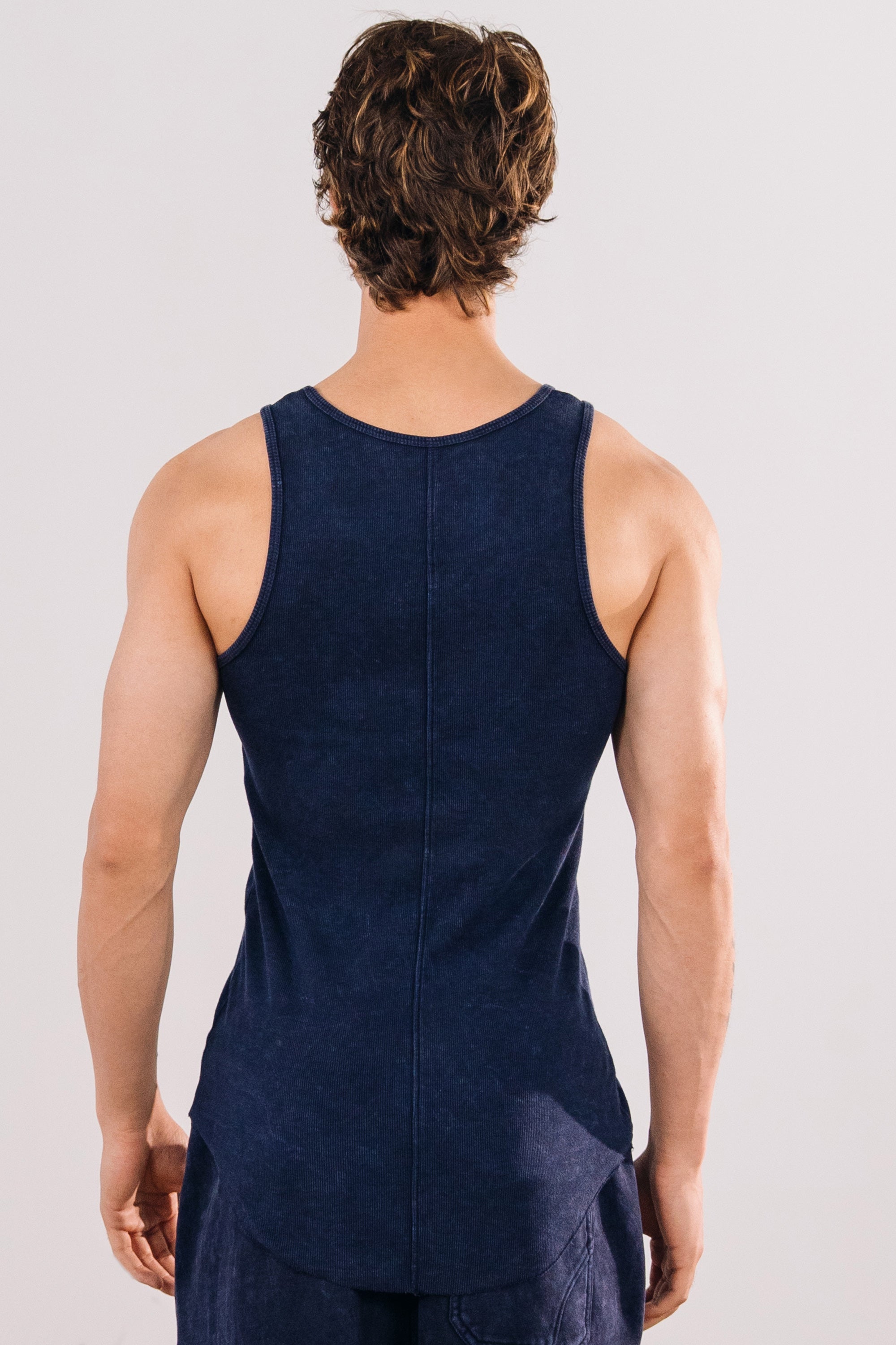 Acid Wash Scoop Bottom Rib Tank - Navy Blue