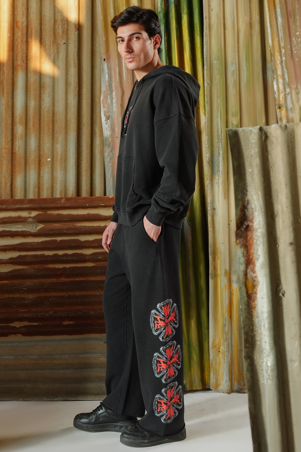 Fire Blaze Digital Printed Hoodie - Black