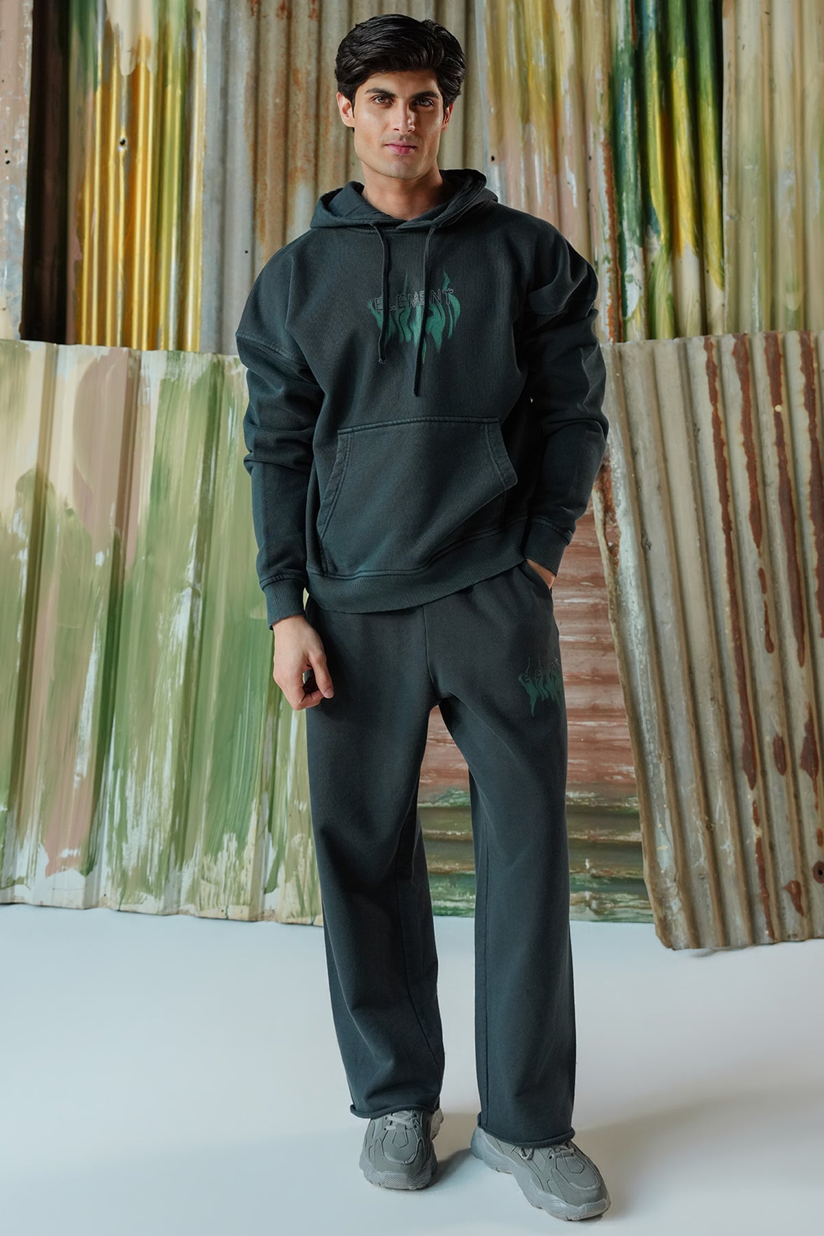 Element Flame Acid Wash Hoodie - Greenish Grey