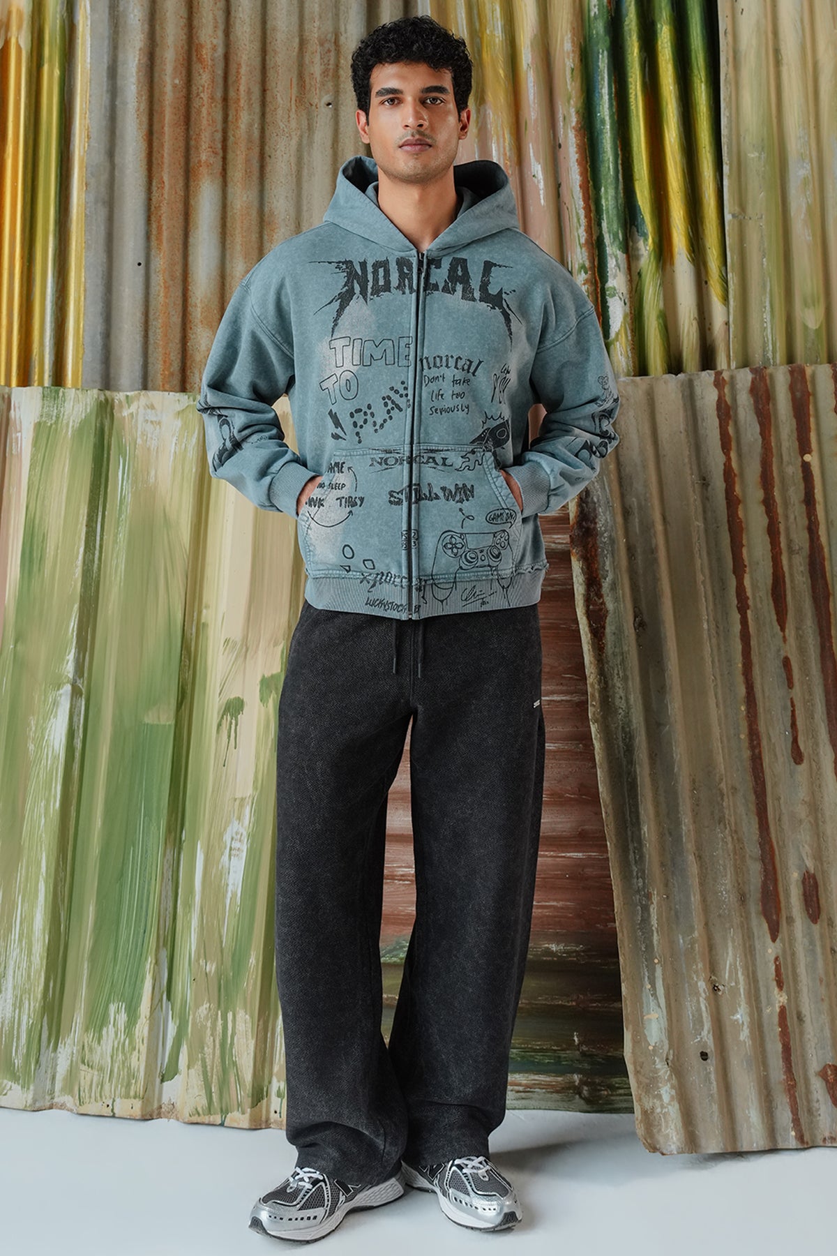 Graffti Acid Wash Zipper Hoodie - Siyan Blue