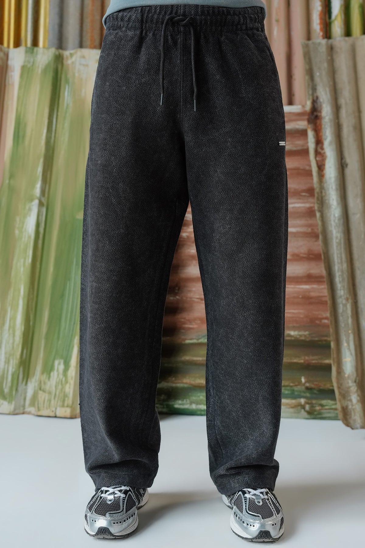 Acid Wash Herringbone Trousers - Black