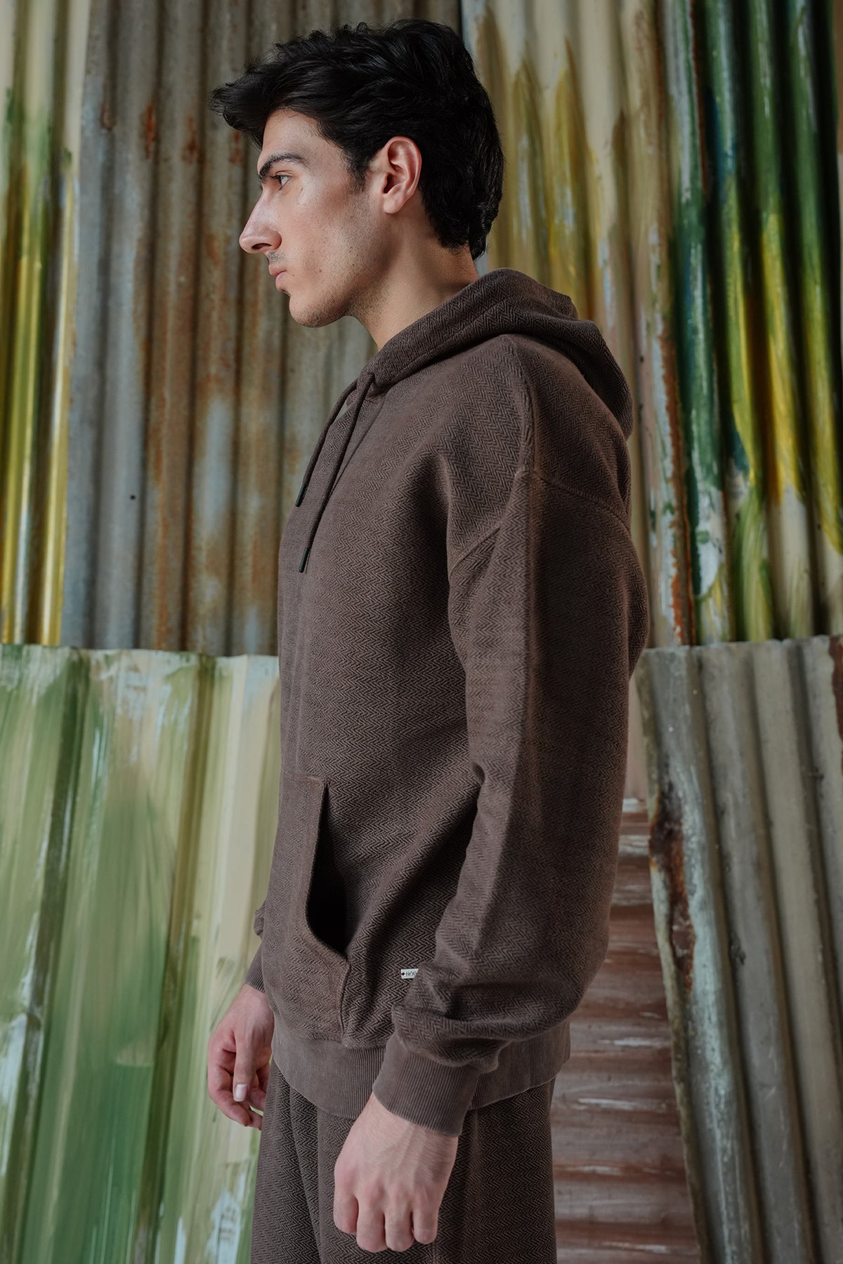 Acid Wash Herringbone Hoodie - Chocolate Brown