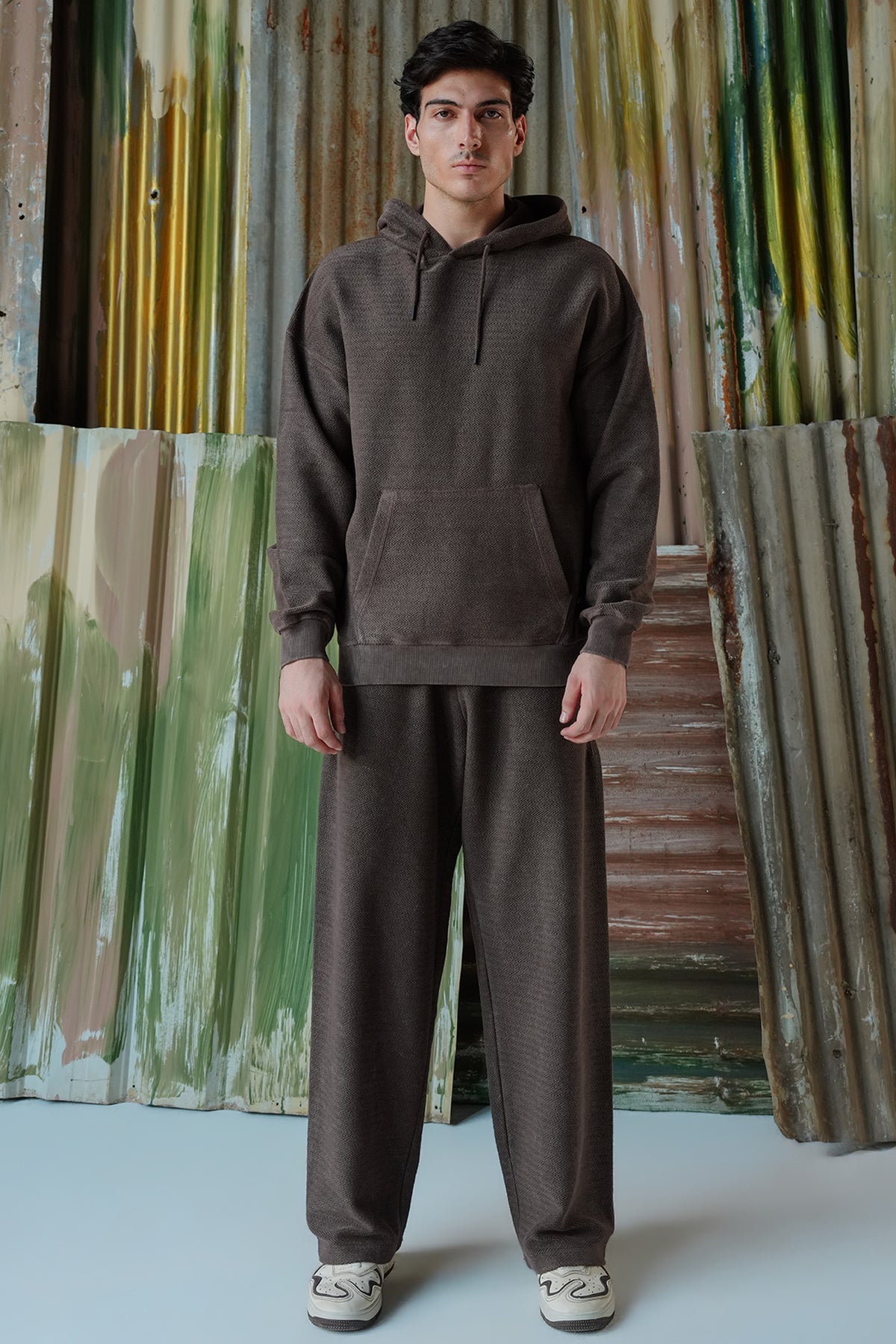 Acid Wash Herringbone Hoodie - Chocolate Brown