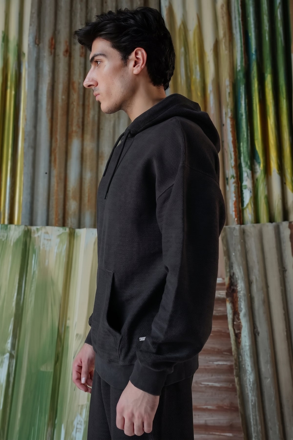 Acid Wash Herringbone Hoodie - Black