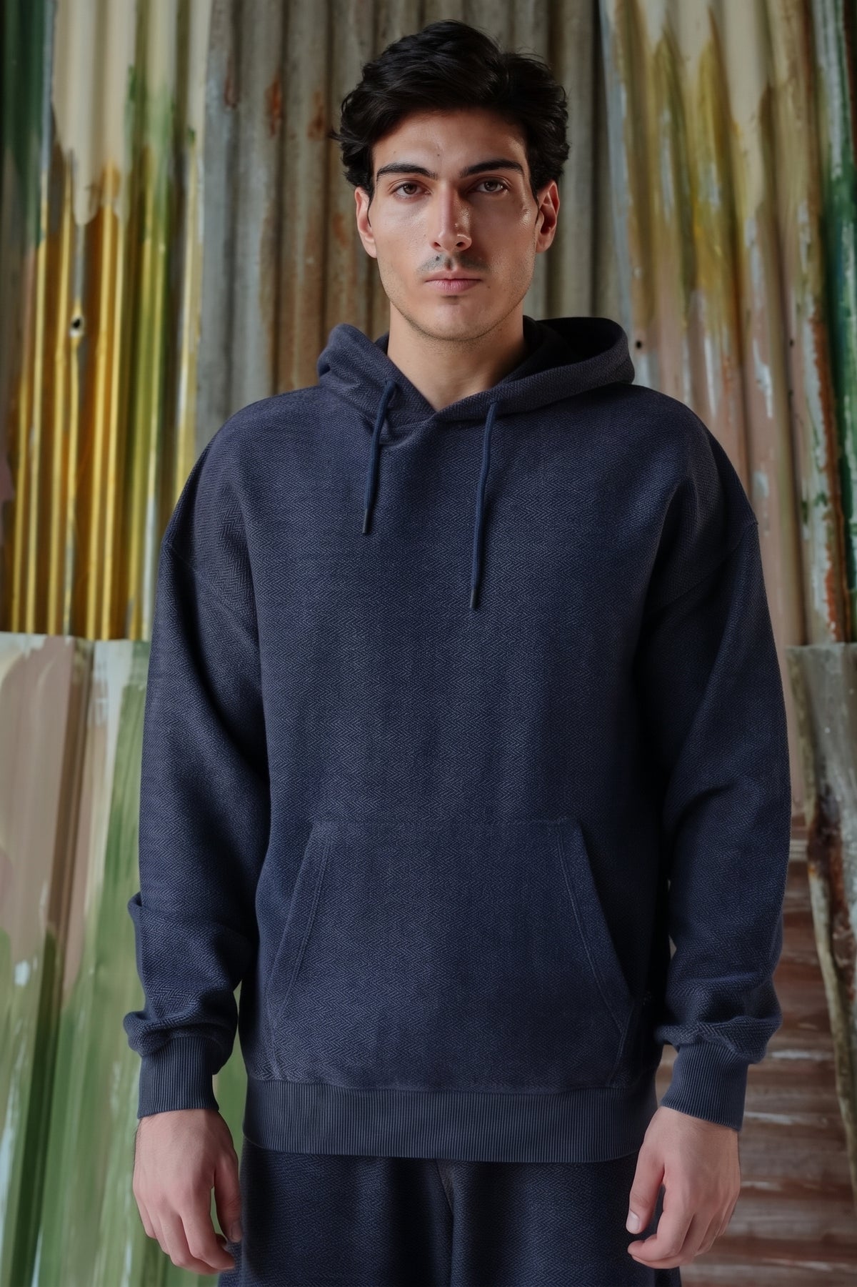 Acid Wash Herringbone Hoodie - Navy Blue