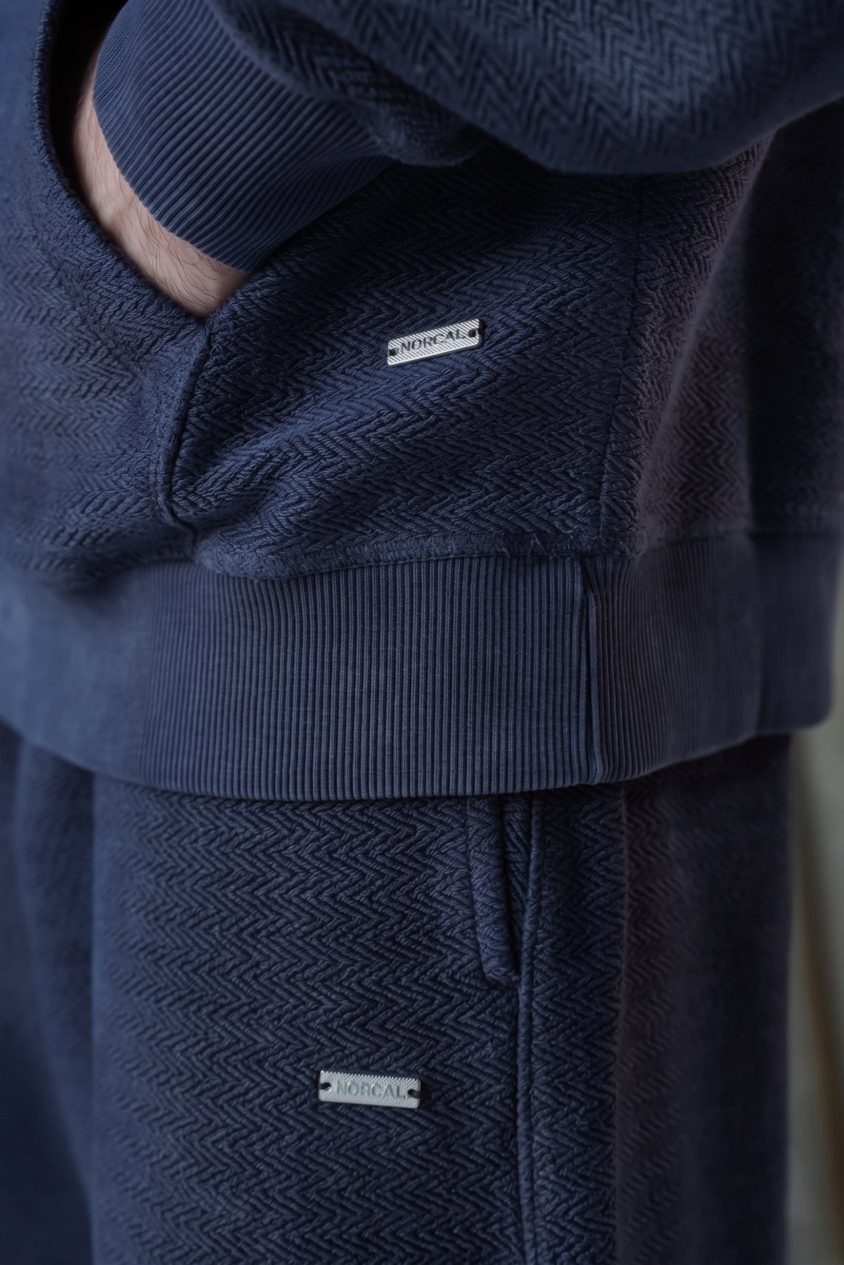 Acid Wash Herringbone Hoodie - Navy Blue