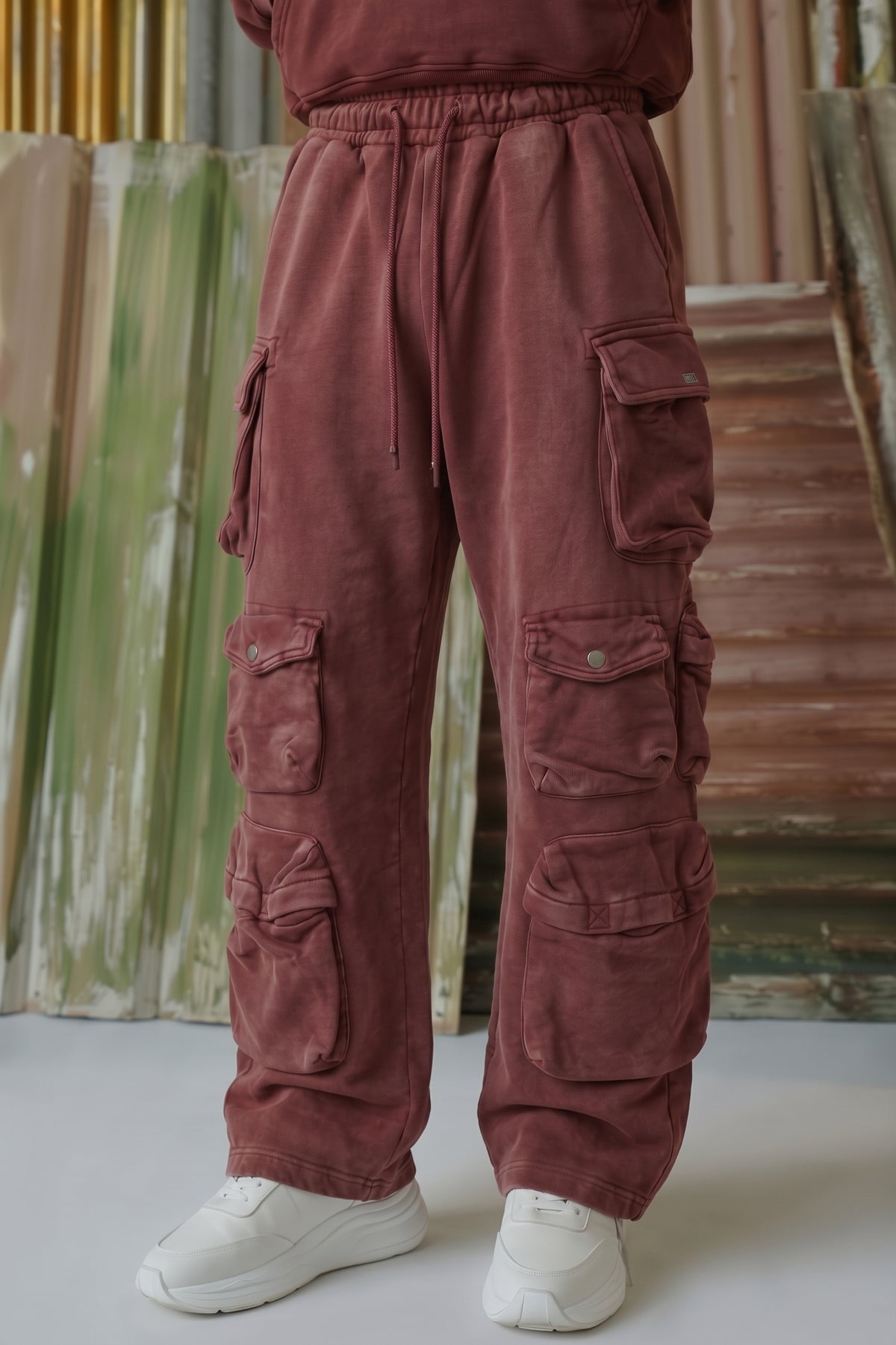 Hella Cargo Pocket Acid Wash Trousers - Burgundy